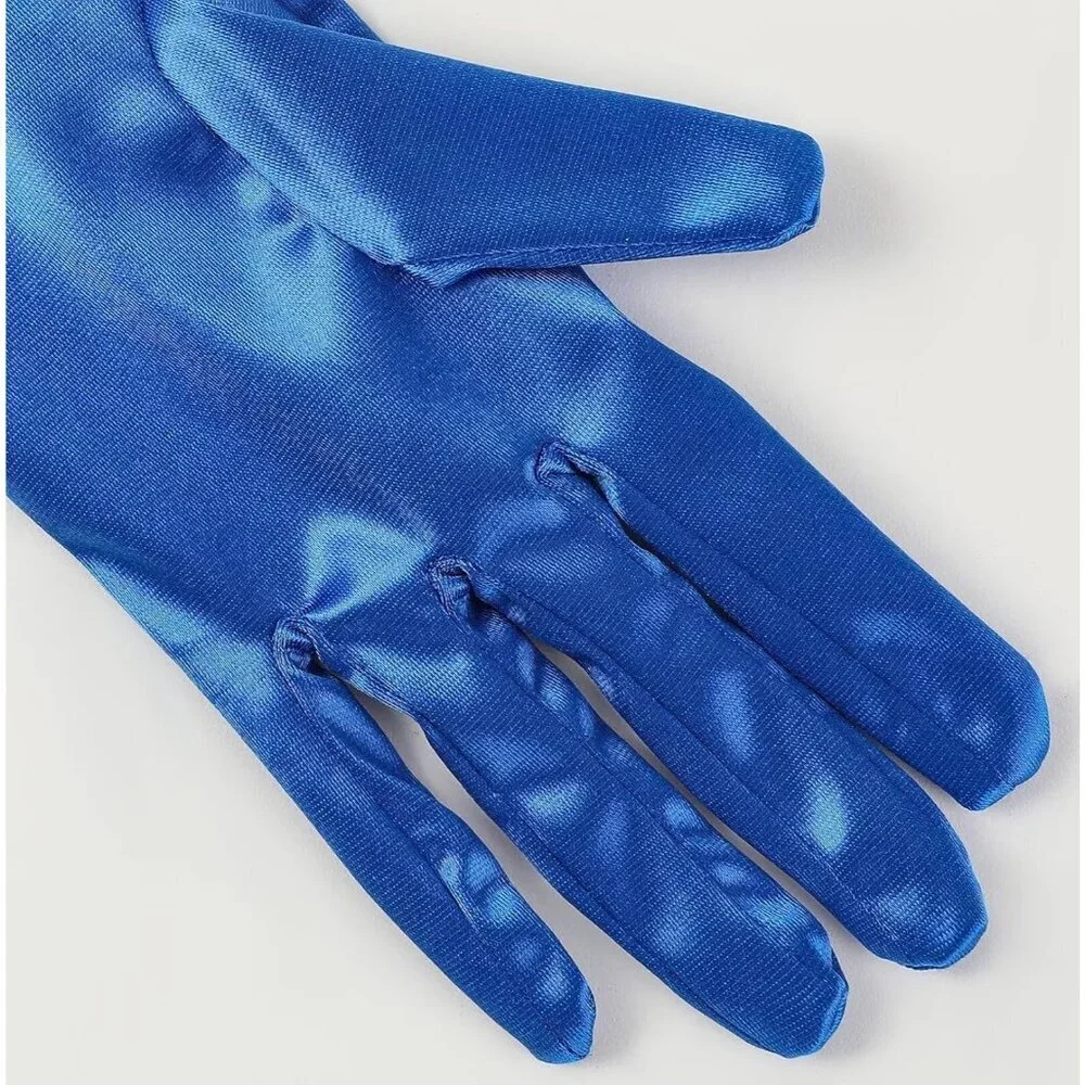 Women's Royal Blue Satin Pearl Short Length Gloves Wedding Banquet Party Prom